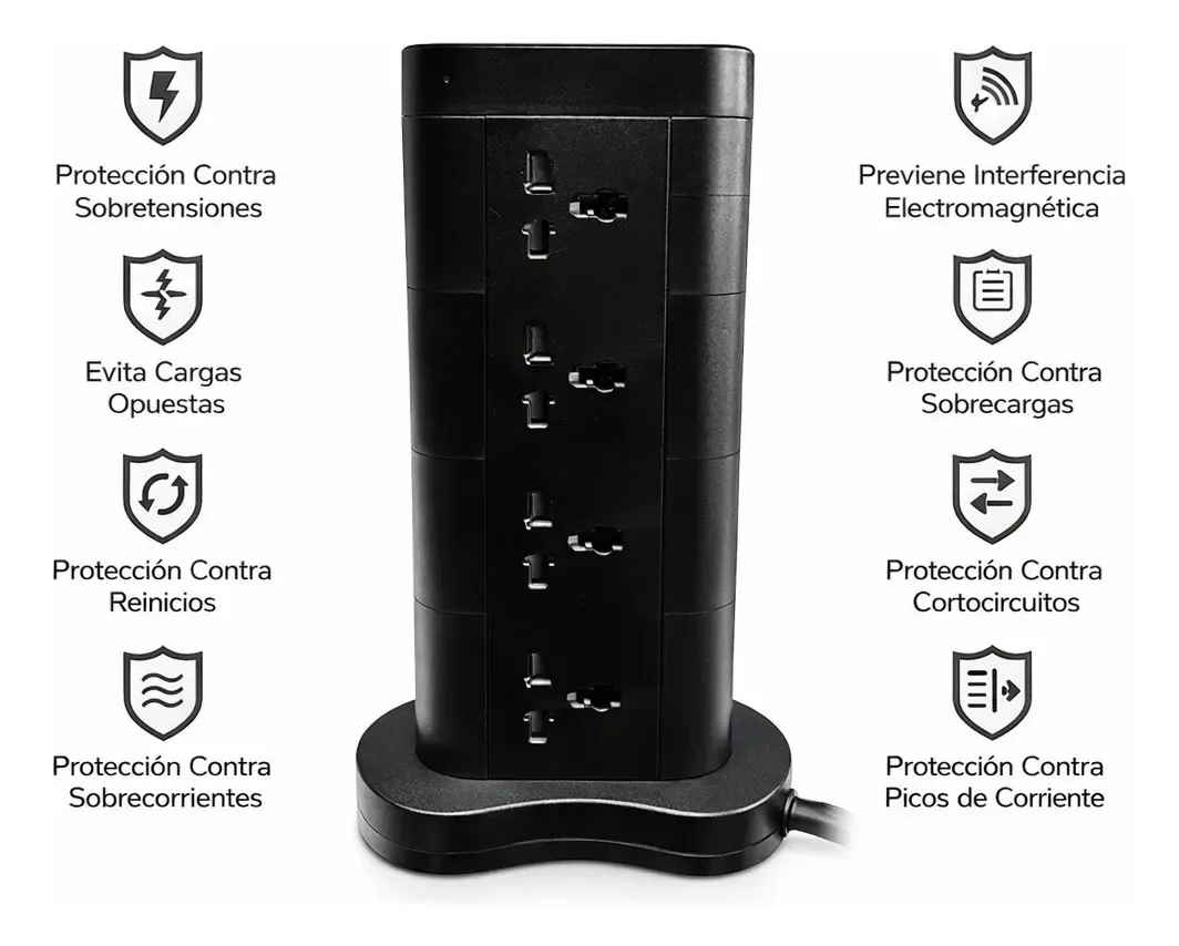 Alargue Zapatilla Torre 12 Toma Universal 220v + 2 Usb + 1 Tipo C Prolongador Vertical 2500w Negro y Blanco