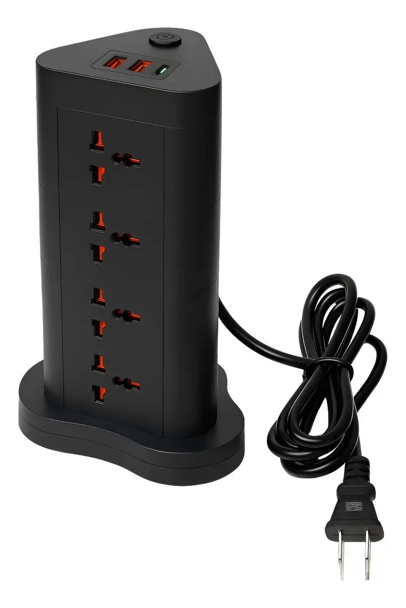 Alargue Zapatilla Torre 12 Toma Universal 220v + 2 Usb + 1 Tipo C Prolongador Vertical 2500w Negro y Blanco