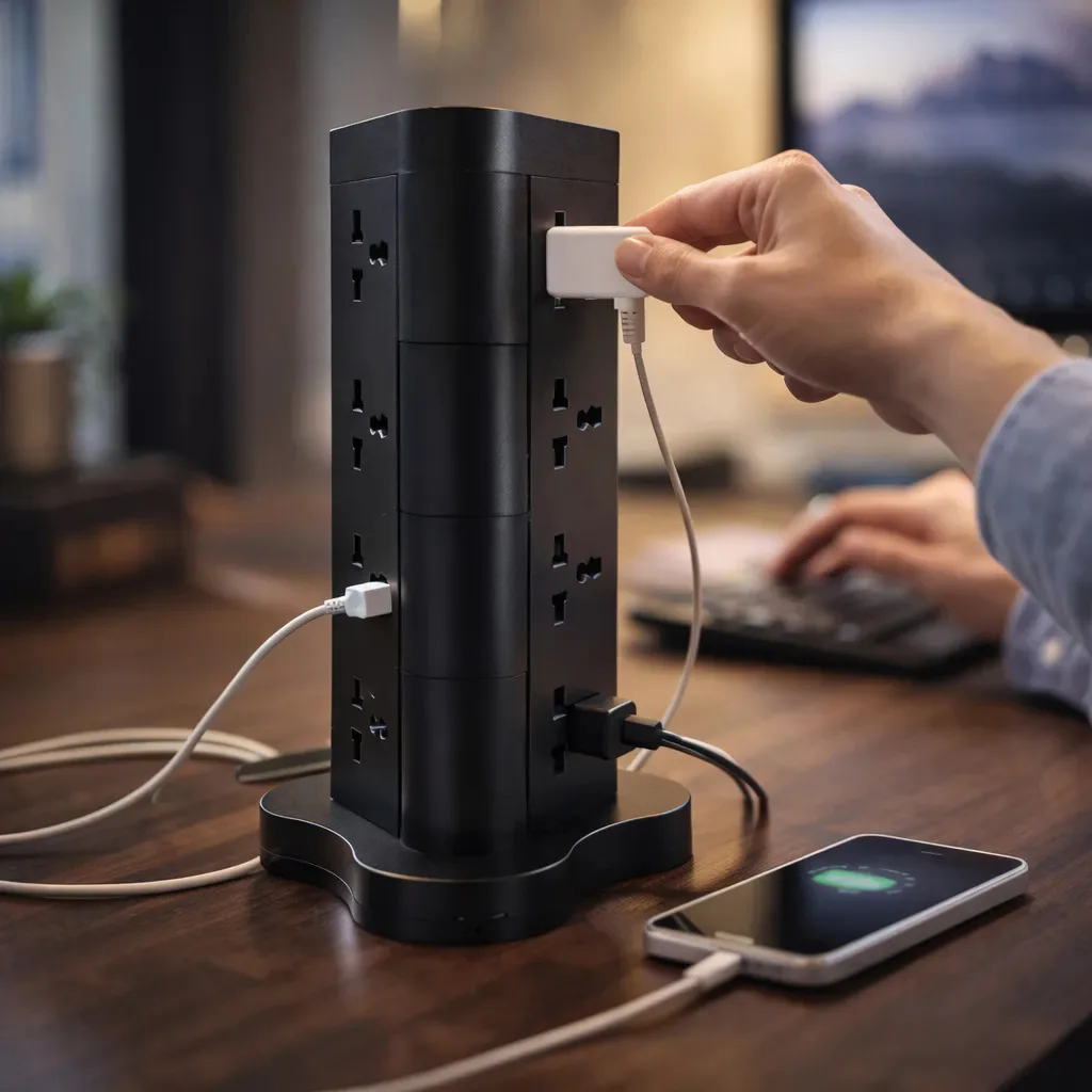 Alargue Zapatilla Torre 12 Toma Universal 220v + 2 Usb + 1 Tipo C Prolongador Vertical 2500w Negro y Blanco