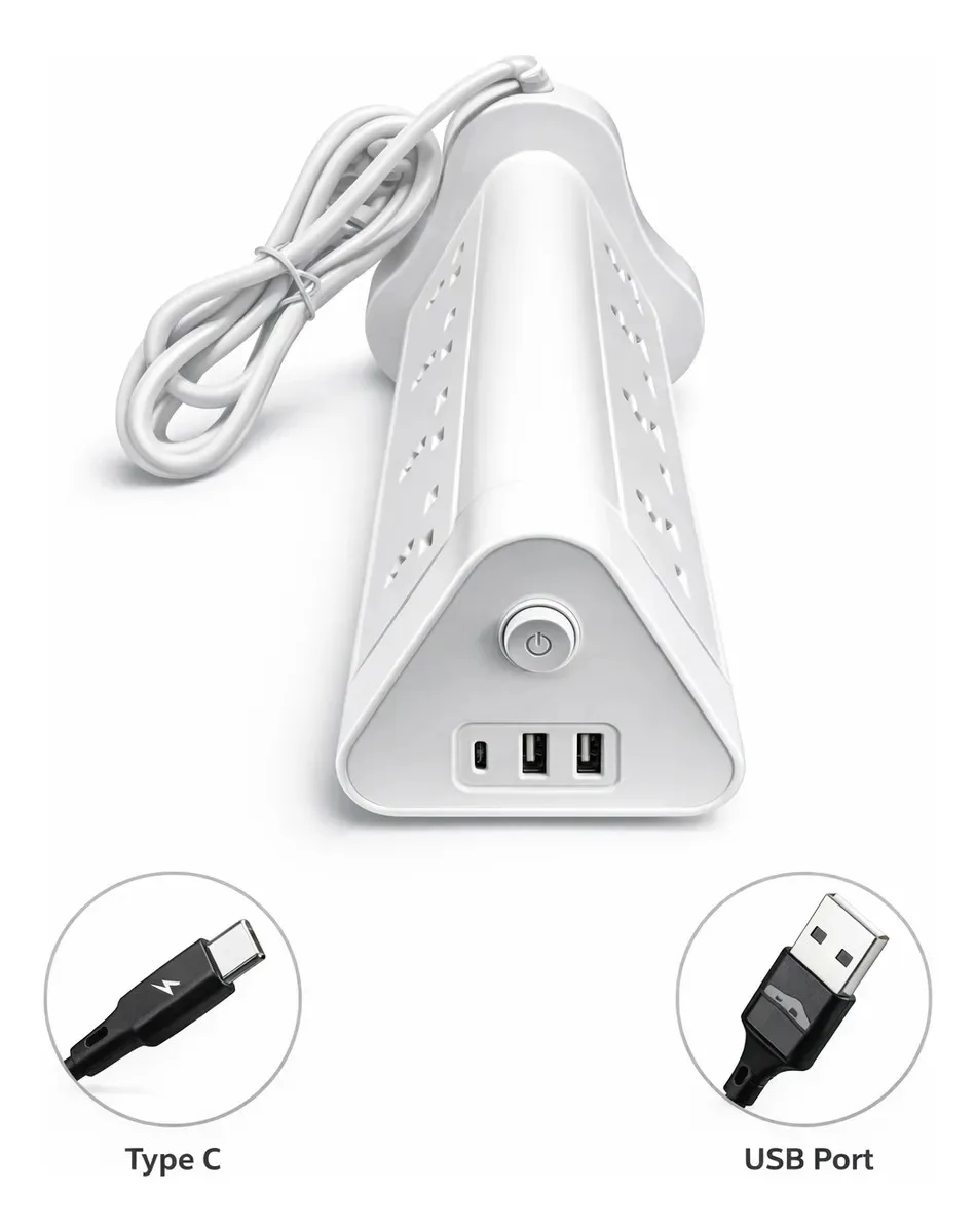 Alargue Zapatilla Torre 12 Toma Universal 220v + 2 Usb + 1 Tipo C Prolongador Vertical 2500w Negro y Blanco