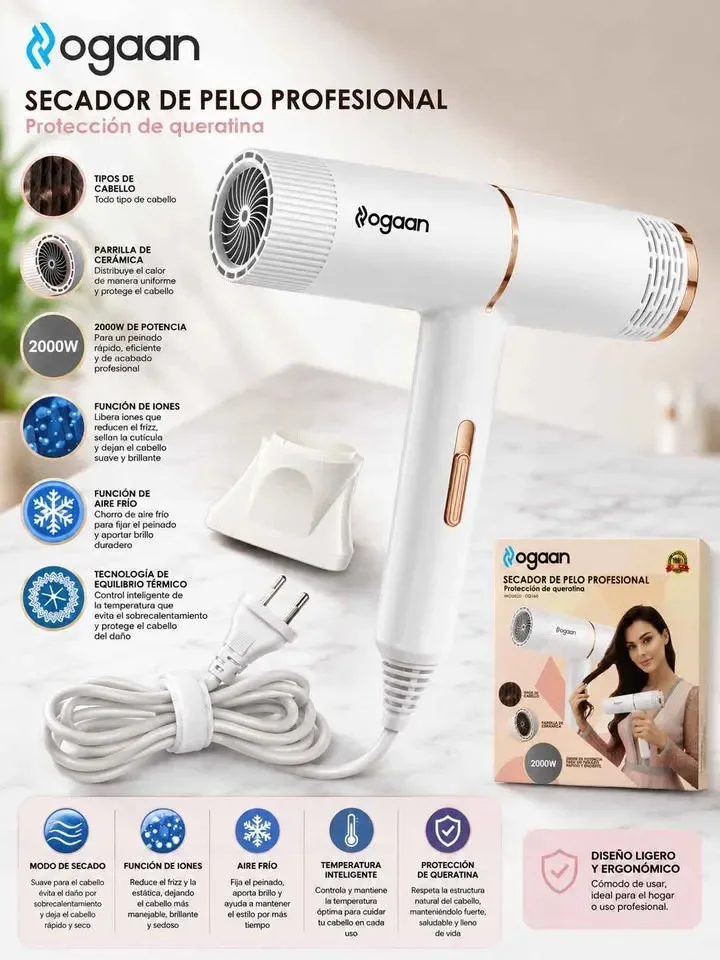 Secador De Pelo Cabello Para Viaje Liviano 2000w Frío Calor