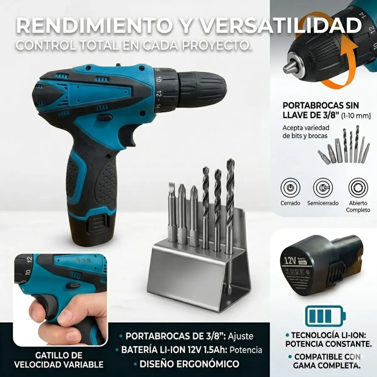 Taladro Inalámbrico Percutor Atornillador + 2 Baterías 12v Maletin