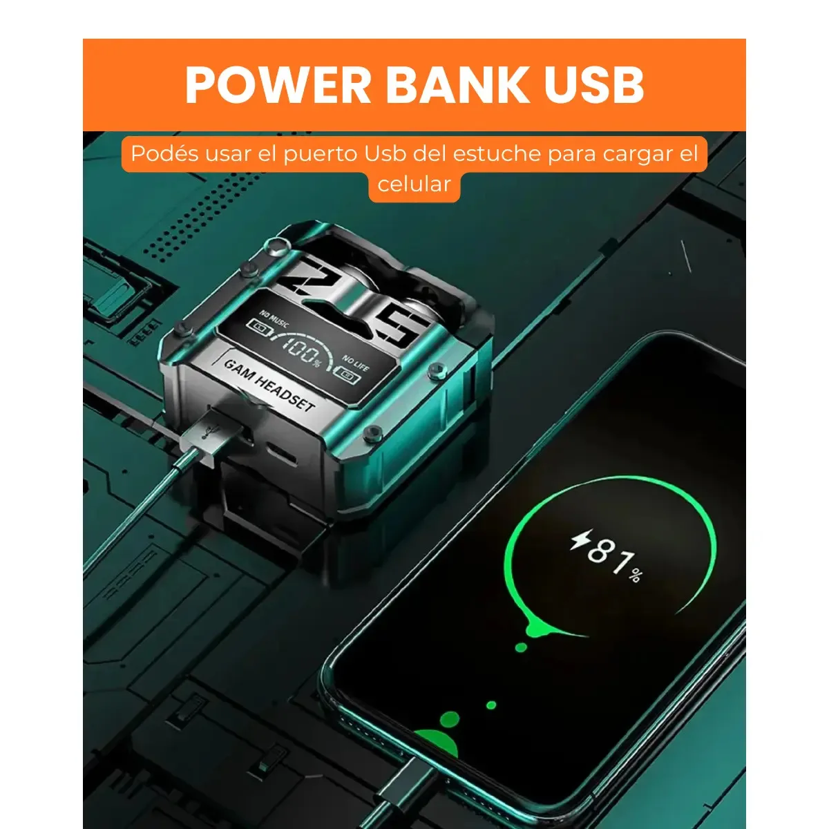 Auriculares Bluetooth Gamer 5.3 - Power Bank Negro