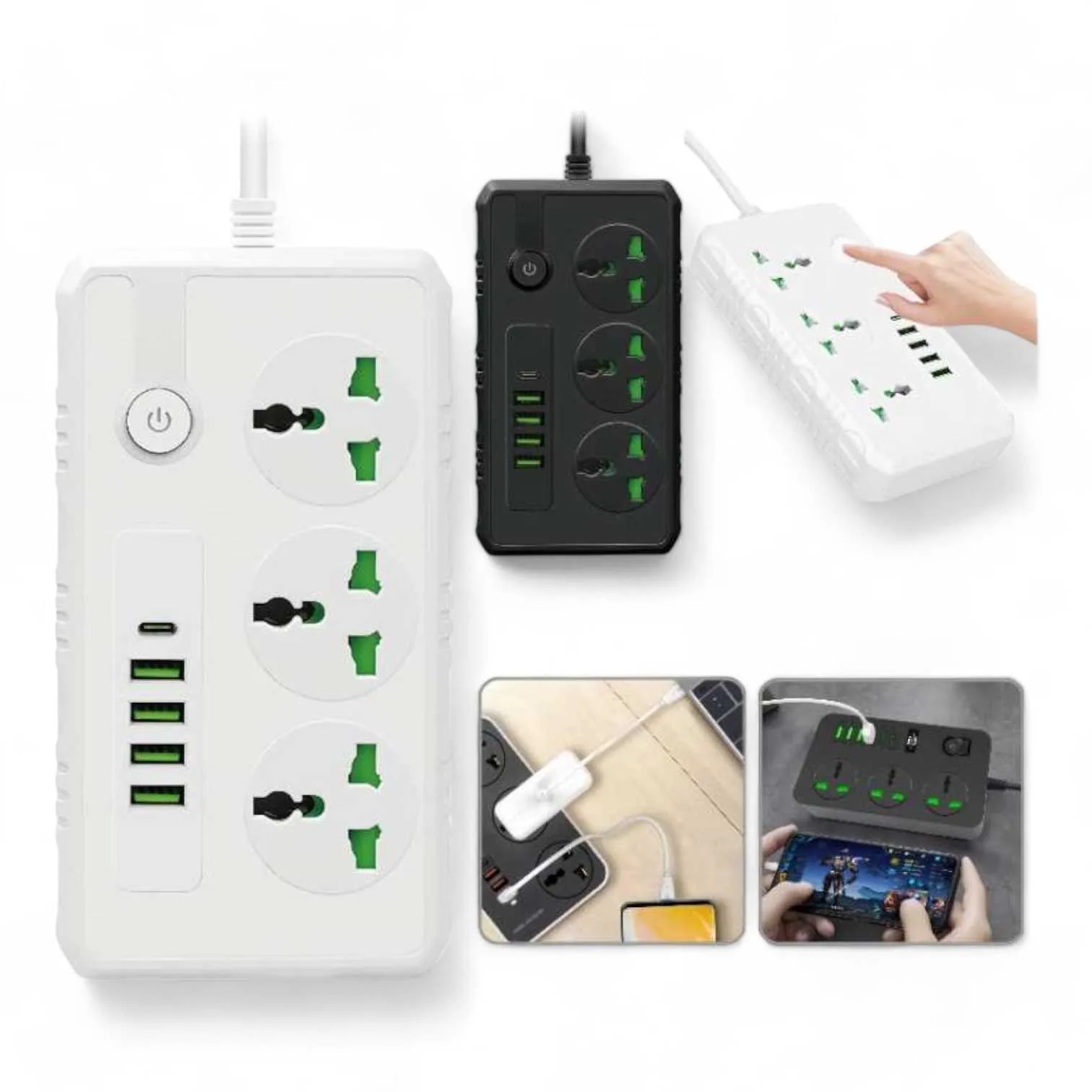 Zapatilla Alargue Inteligente 4 Usb 3.0a + 1 Tipo C + 3 Tomas 2000w Color Blanco