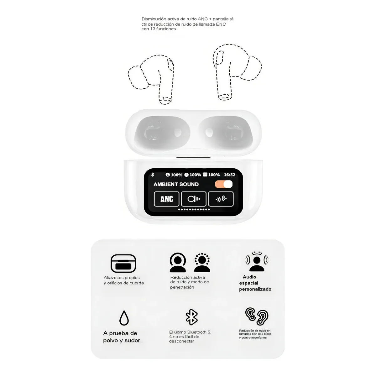 Auriculares Bluetooth Cancelación Ruido Lcd Pantalla Táctil Color Blanco