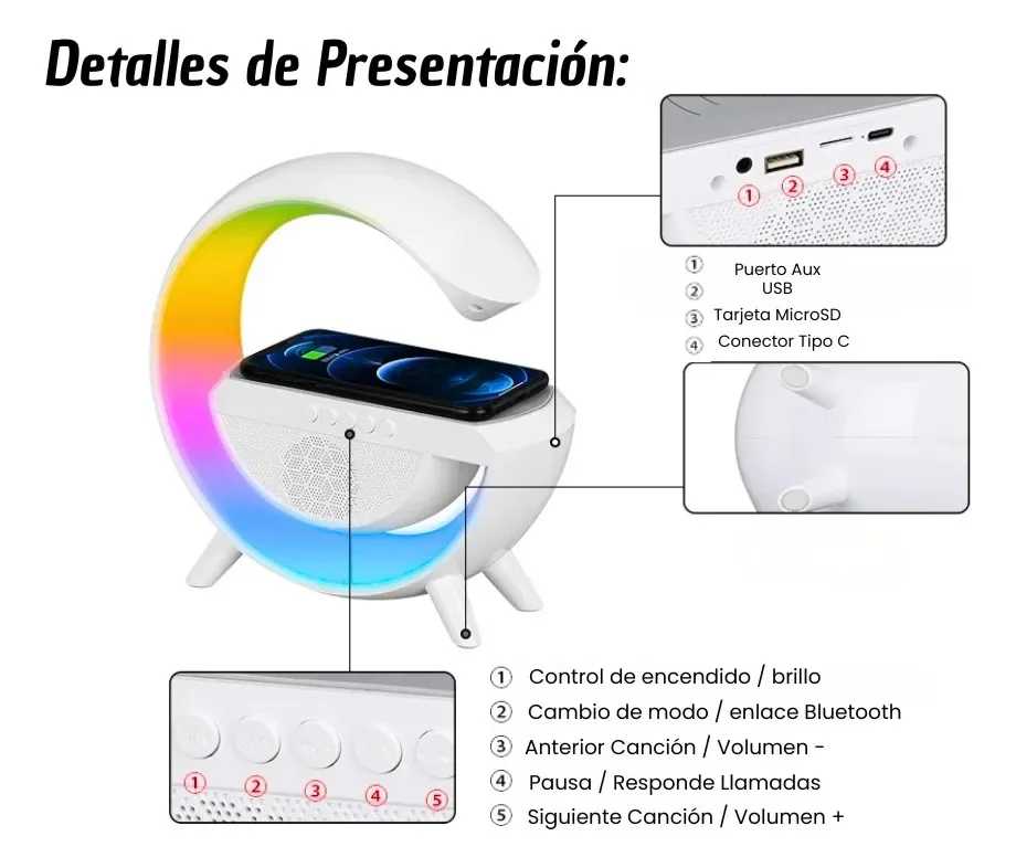 Velador Parlante Bluetooth Luz Led Rgb Portátil Cargador Inalámbrico Celular