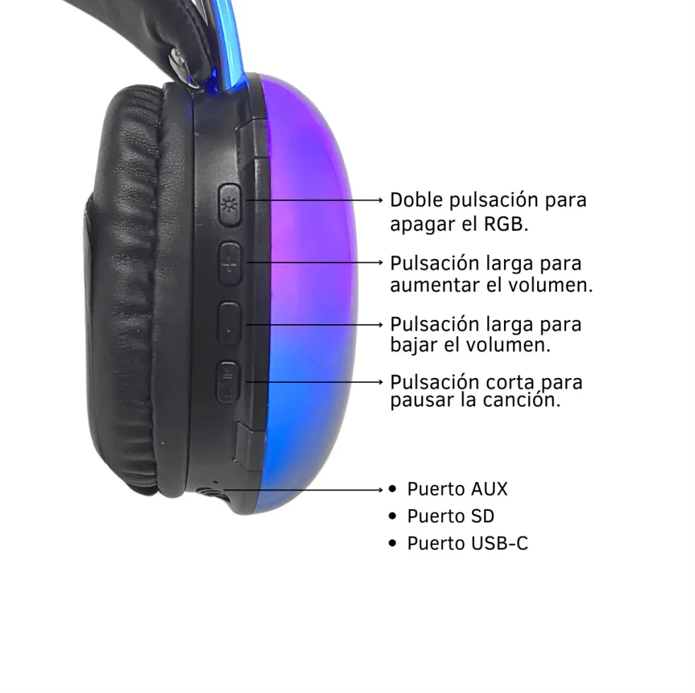 Auricular Bluetooth Vincha Inalambricos Luces Rgb Opcional Color Negro