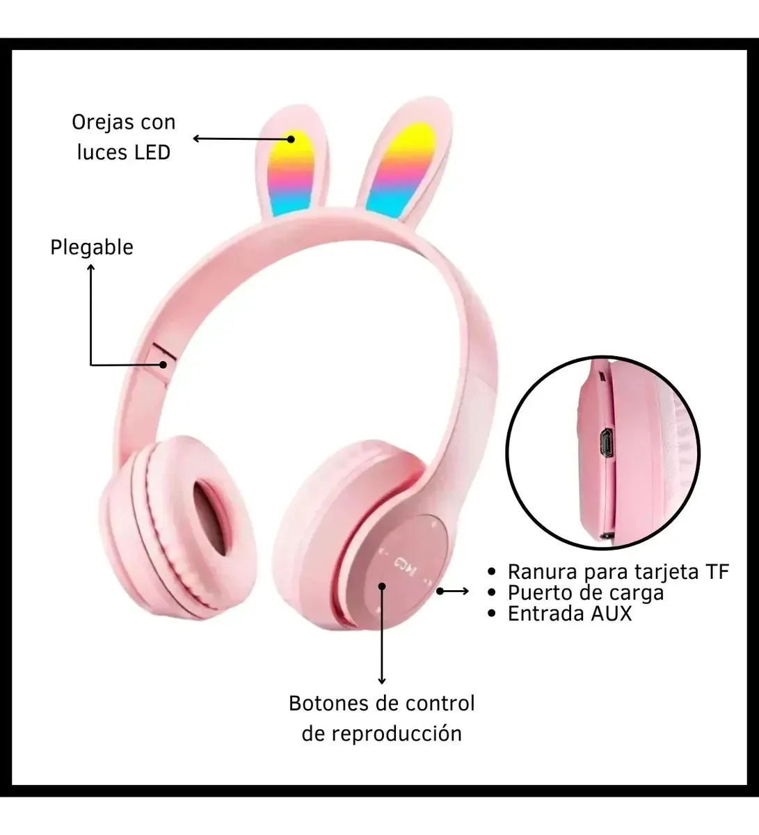 Auriculares Bluetooth Manos Libres Orejas De Conejo Con Luces Led Color Rosa