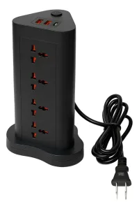 Alargue Zapatilla Torre 12 Toma Universal 220v + 2 Usb + 1 Tipo C Prolongador Vertical 2500w Negro y Blanco
