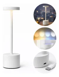 Lampara Velador Luz Moderna Metálica Touch Recargable Blanco