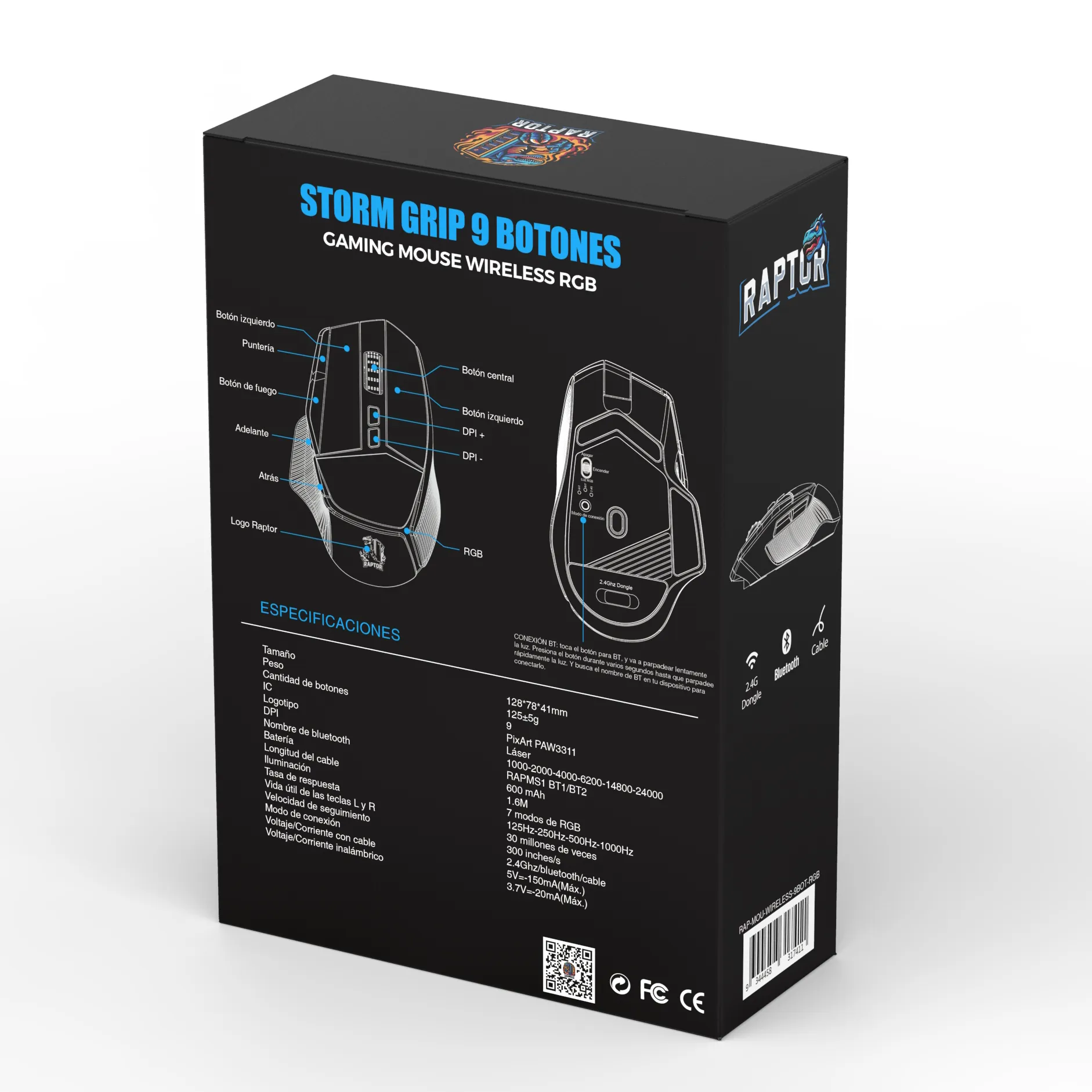 Mouse Gamer Raptor Storm Grip Wireless 9 Botones 24000dpi Retroiluminado C-software