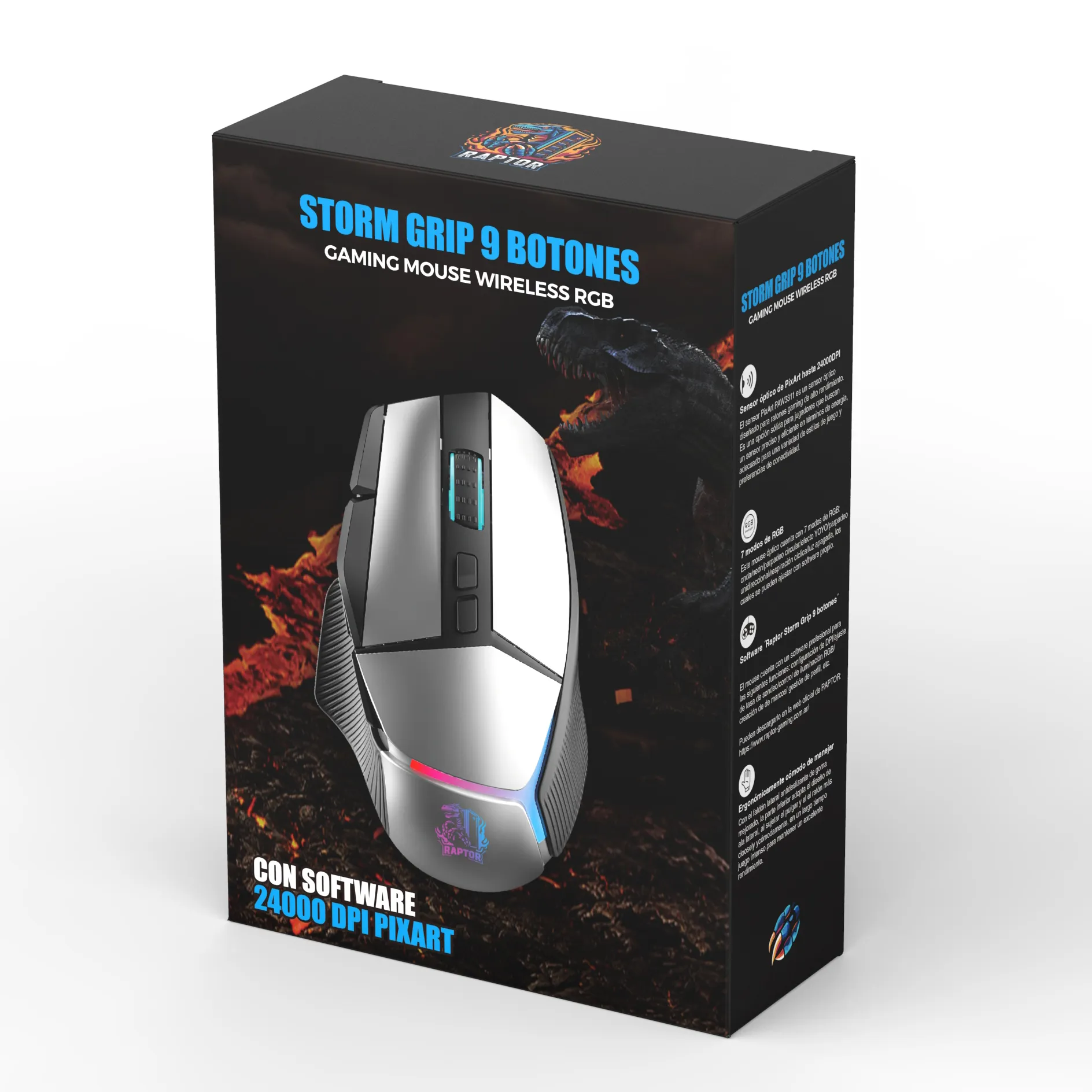 Mouse Gamer Raptor Storm Grip Wireless 9 Botones 24000dpi Retroiluminado C-software