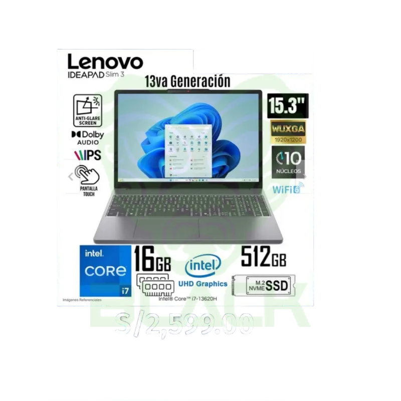 NOTEBOOK LENOVO IP SLIM 3 15IRH10 15.3" WUXGA INTEL I7-13620H 8GB 4800MHZ DDR5 512GB NVME SIN SO GRIS +SLOT RAM LIBRE GRIS