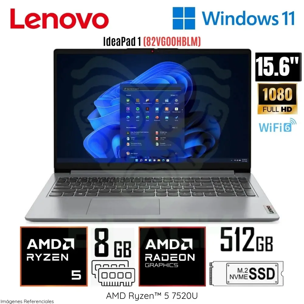NOTEBOOK 15.6" LENOVO IDEAPAD 1 AMD RYZEN 5 7520U 8GB RAM DDR5 SSD 256GB WINDOWS 11