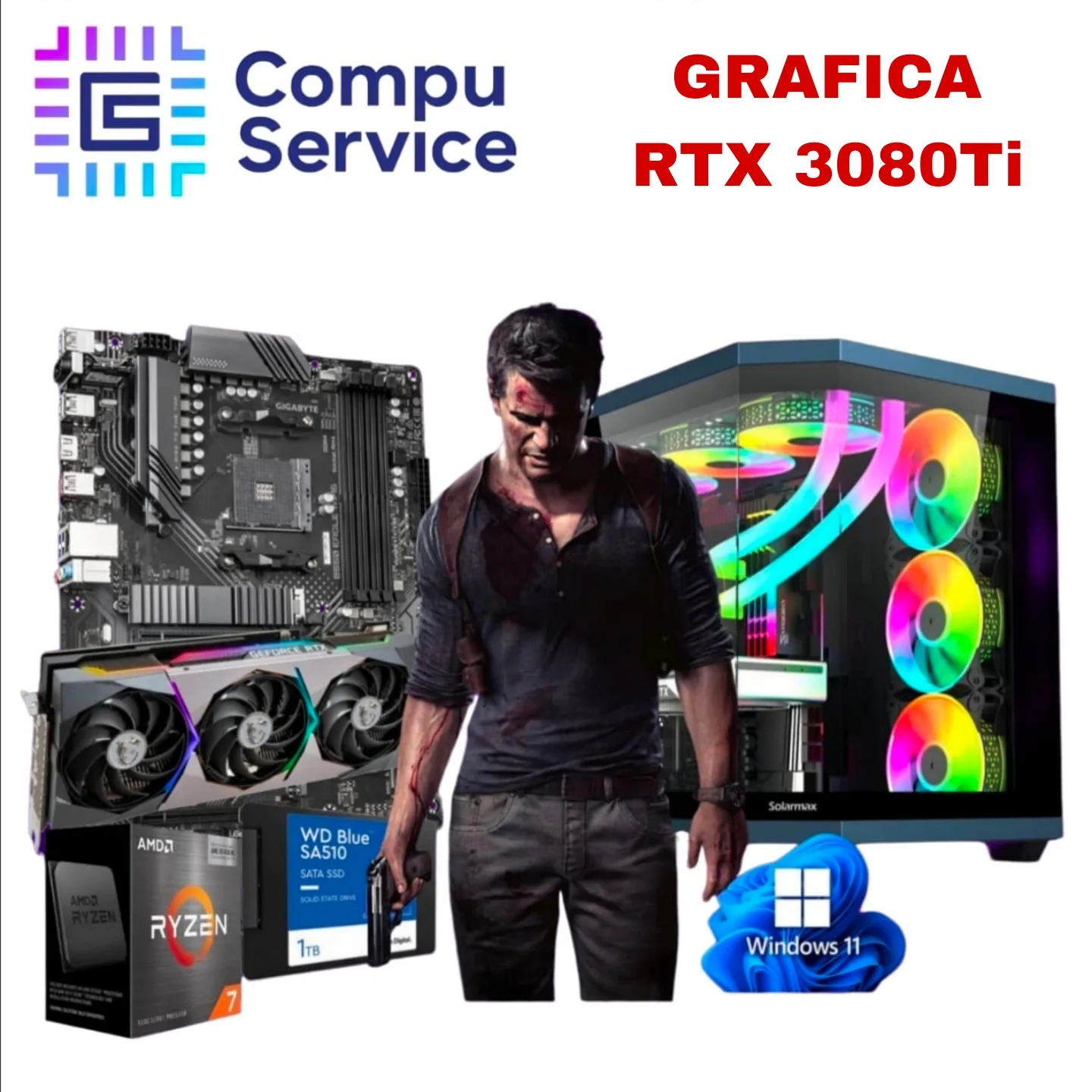 PC RYZEN 7 5700X + GRAFICA RTX 3080Ti + 32GB RAM + SSD 1TB + GABINETE SENTEY A30 CON 4 COOLERS RGB