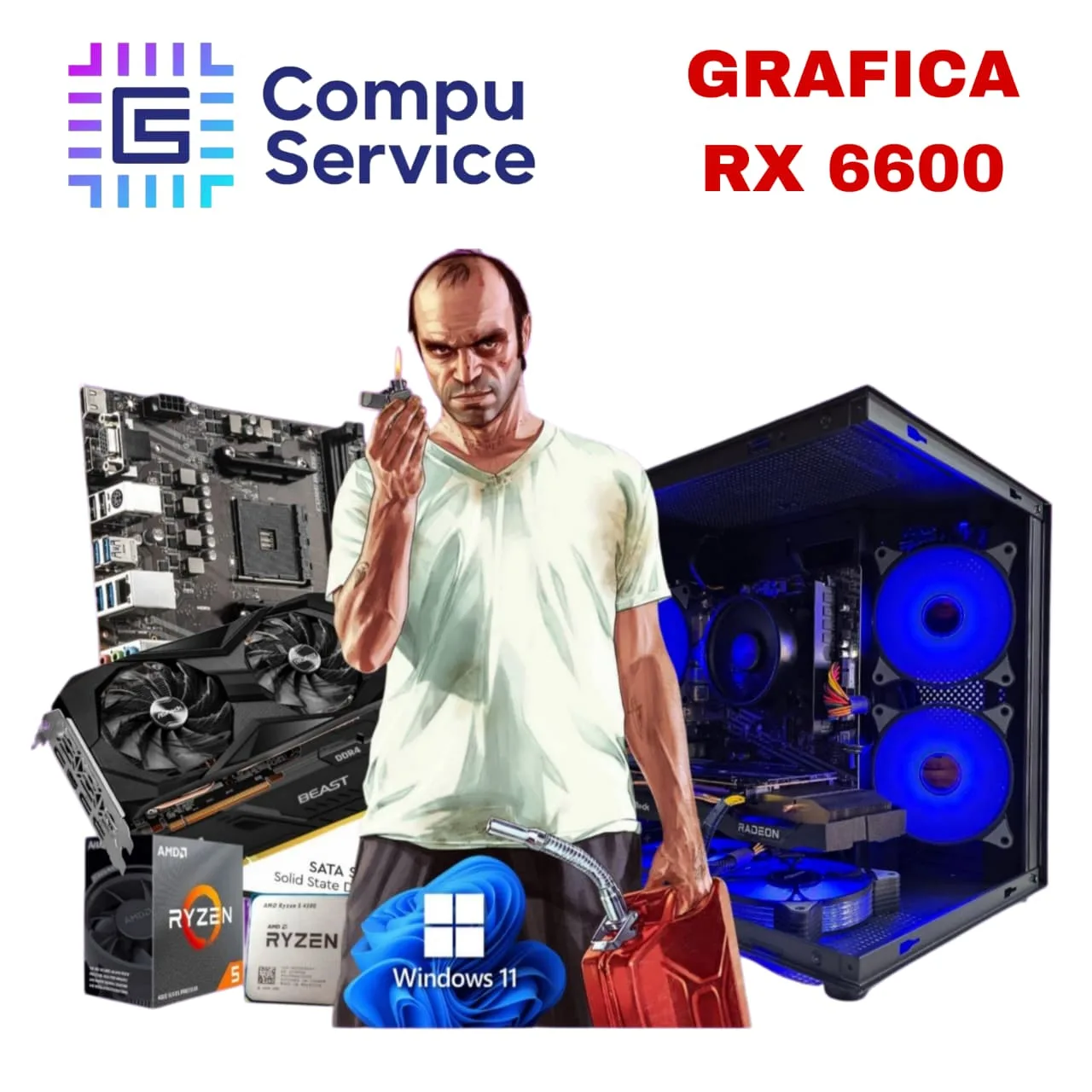 PC RYZEN 5 5500 + GRAFICA RX 6600 + 16GB RAM + SSD 500GB + GABINETE ZEUS 5 COOLERS RGB