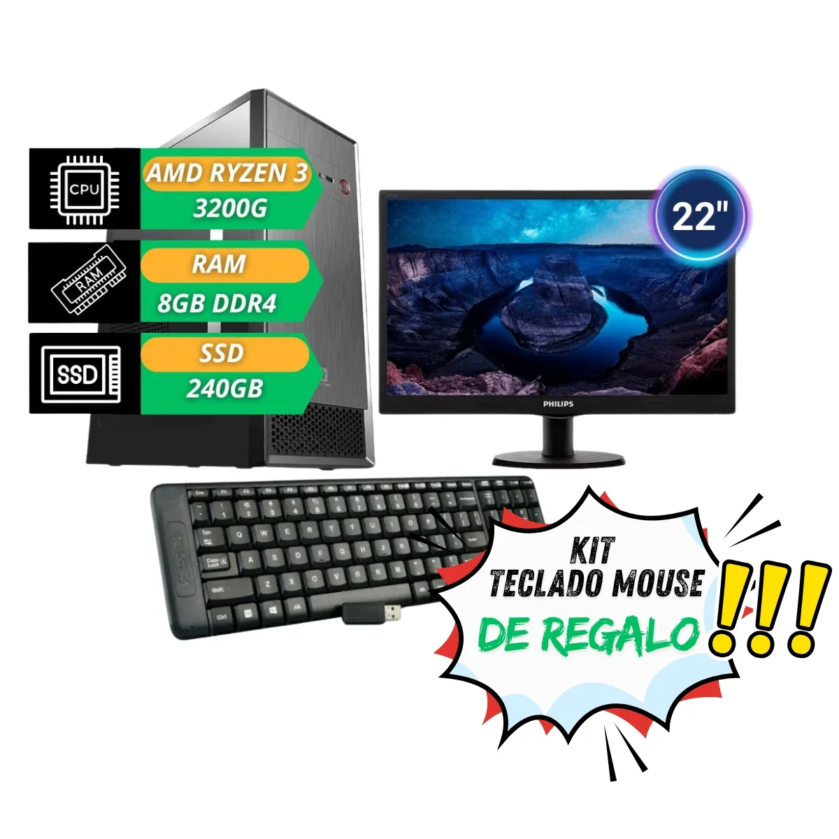 Pc Ecovision Amd Ryzen 3 3200G RAM 8Gb SSD 240Gb + Monitor 22