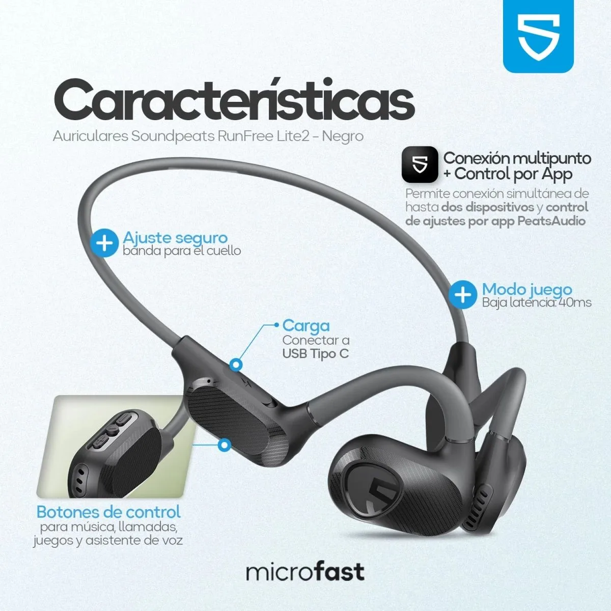 Auriculares SoundPEATS RunFree Lite – Deportivo 15 h de autonomía